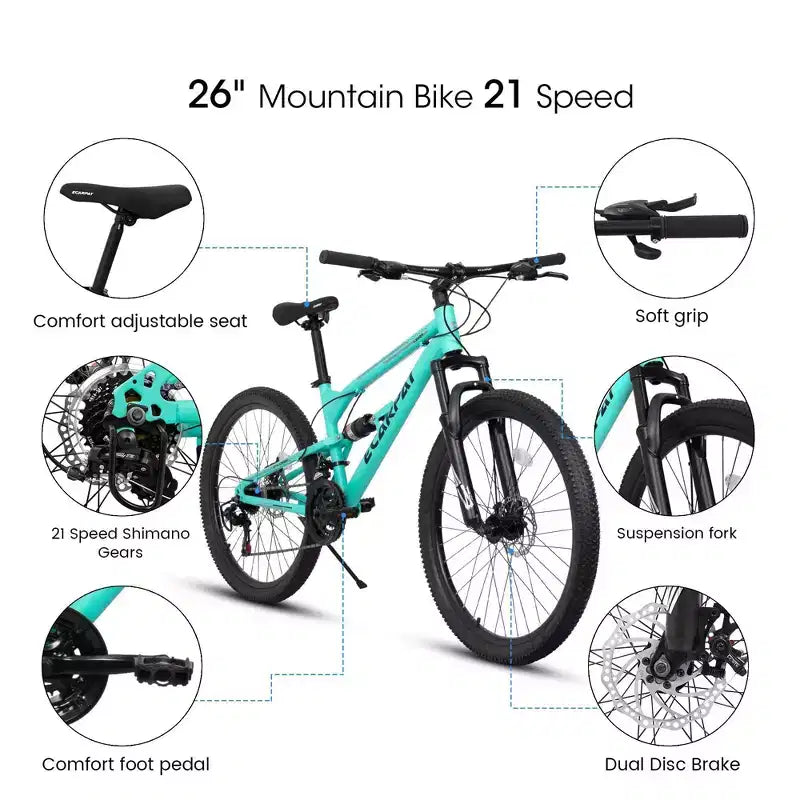 Vélo de montagne NAYSAYE 26 Inch pour adulte, cadre en acier, 21 vitesses, fourche à suspension, pour les sorties en plein air, bleu, 68.00*27.00*38.00