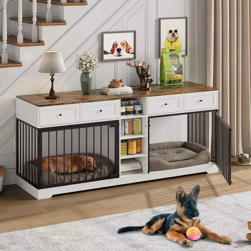 Meuble double cage pour chiens 82, grand chenil d’intérieur pour 2 chiens, cage en bois robuste faisant office de meuble TV avec 4 tiroirs et des étagères