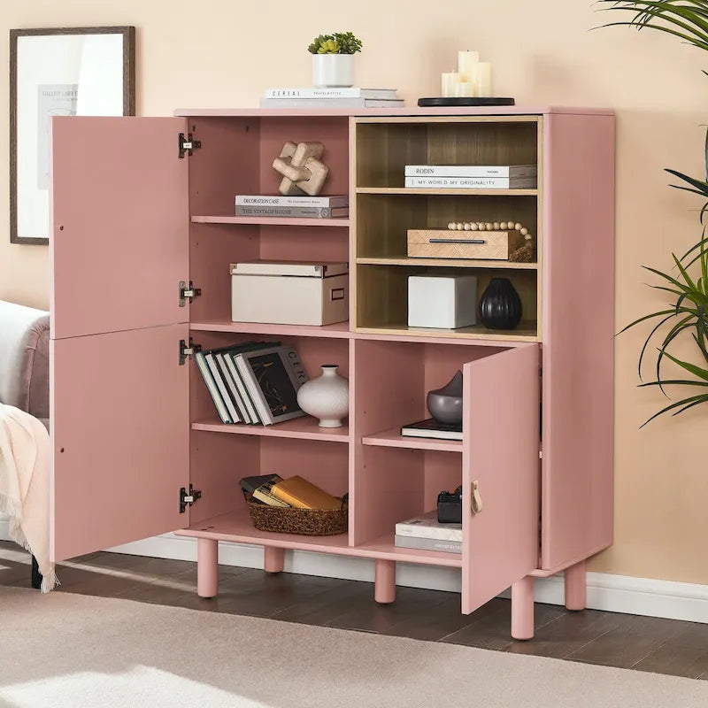 Multifunktionaler Aufbewahrungsschrank mit Tür, modernes Sideboard, Aufbewahrungsschrank aus Holz, Schubladenschrank mit Ledergriffen