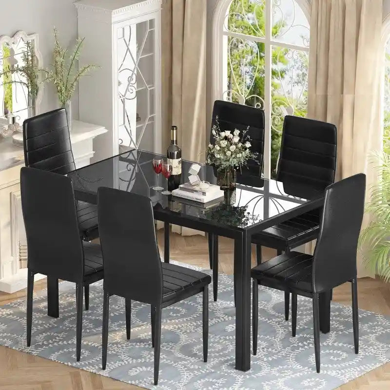Grondin moderne 7-delige eettafelset met tafelblad van gehard glas en 6 met PU-leer beklede stoelen