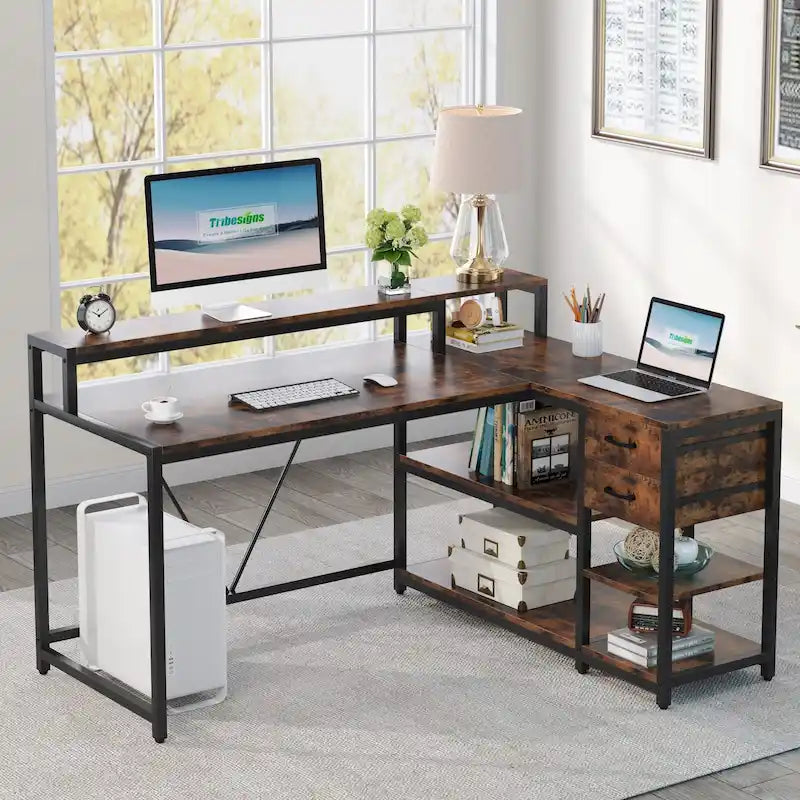 Schreibtisch in L-Form mit Schublade, Eckschreibtisch fürs Homeoffice mit Ablagefächern und Monitorständer, rustikaler PC-Schreibtisch für kleine Räume