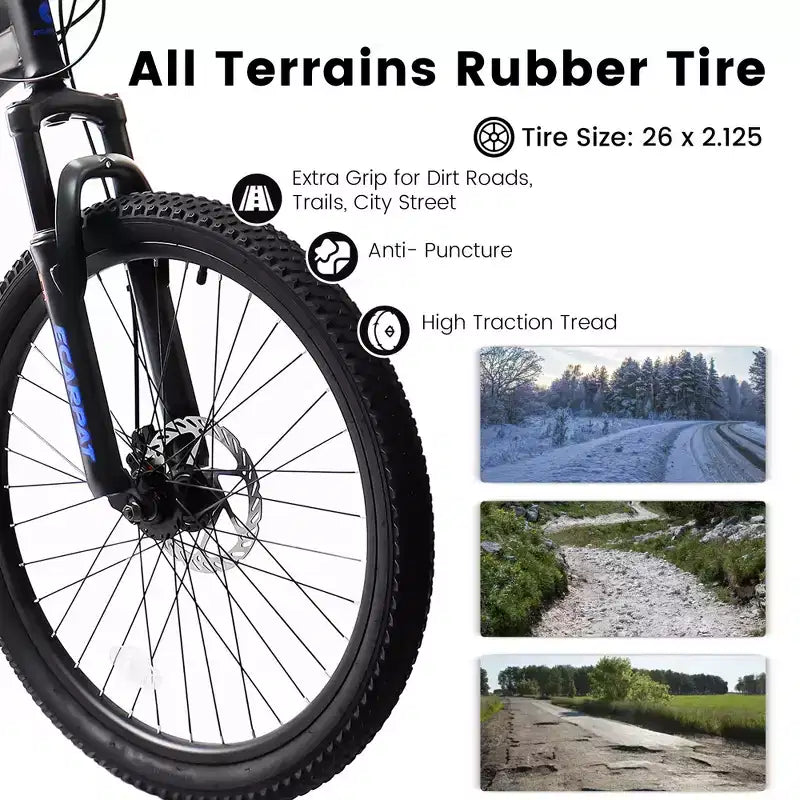 Mountain bike Okak da 26IN con freni a disco, bici per adulti a 21 velocità con telaio resistente e doppia ammortizzazione posteriore, per il ciclismo su strada in città