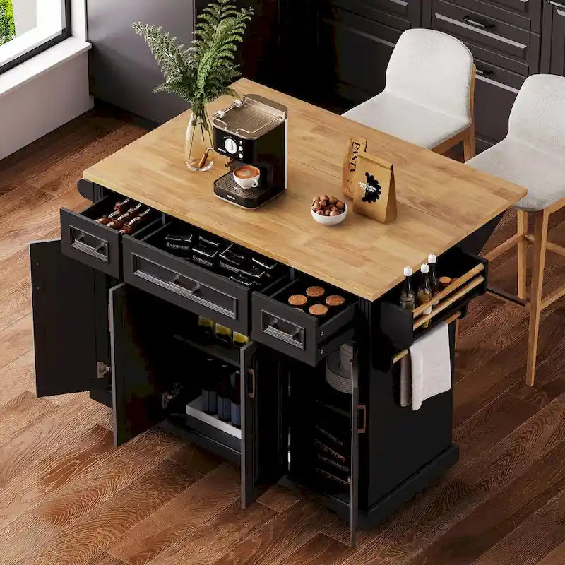 Isola da cucina grande da 54  con piano ribaltabile in legno di caucciù, carrello da cucina con texture in rilievo, 4 ruote, 4 ante e 3 cassetti