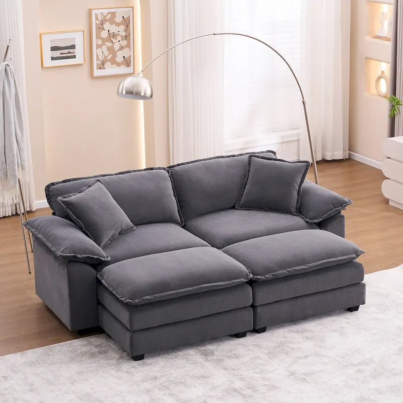 Canapé 2 places avec 2 coussins, 2 oreillers et 2 poufs, confortable - Canapé profond et modulable pour le salon