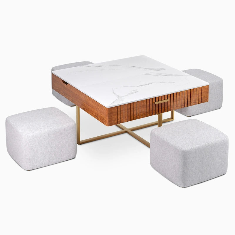 Salontafel met hefblad, verborgen opbergruimte en 4 poefs