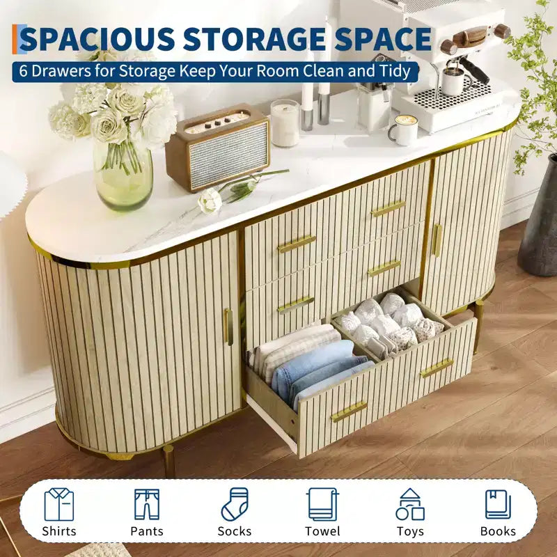 Credenza rustica da fattoria scanalata da 59in, mobile porta TV e consolle multimediale con 6 cassetti e 2 ante scorrevoli, versatile mobile contenitore per soggiorno