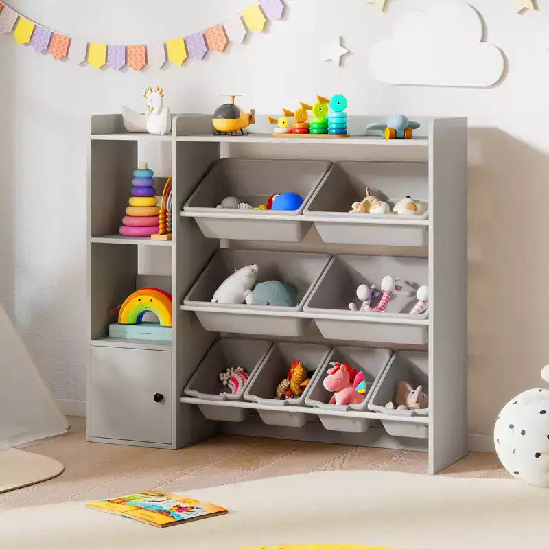 Costway Spielzeugaufbewahrung und Bücherregal für Kinder, Bücherregal aus Holz mit 4 kleinen und 4 großen Boxen, Grau/Weiß