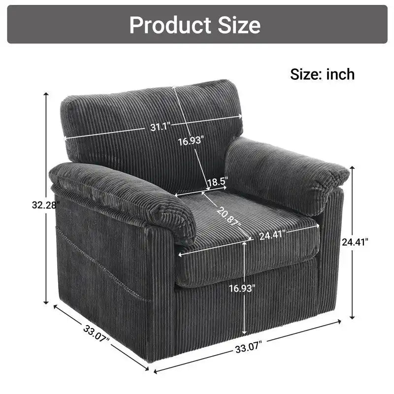 Fauteuil pivotant une place en velours côtelé de 33 pouces