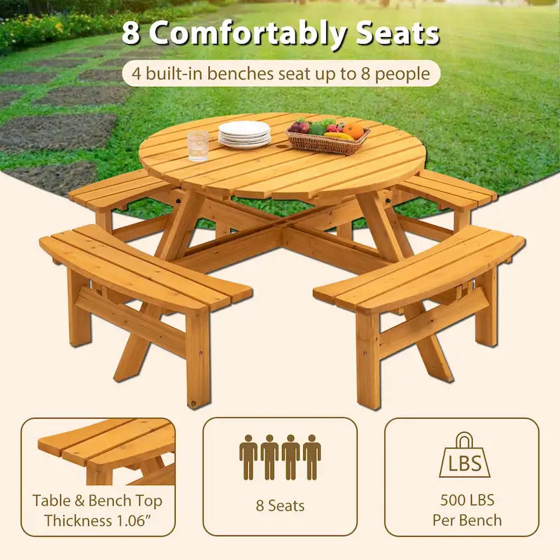 Ensemble de pique-nique rond en bois de sapin pour terrasse extérieure, pour 8 personnes, avec 4 bancs intégrés et un trou pour parasol