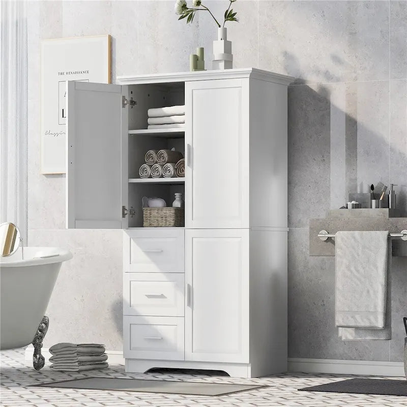 Armoire de rangement haute et large avec portes pour salle de bains, trois tiroirs