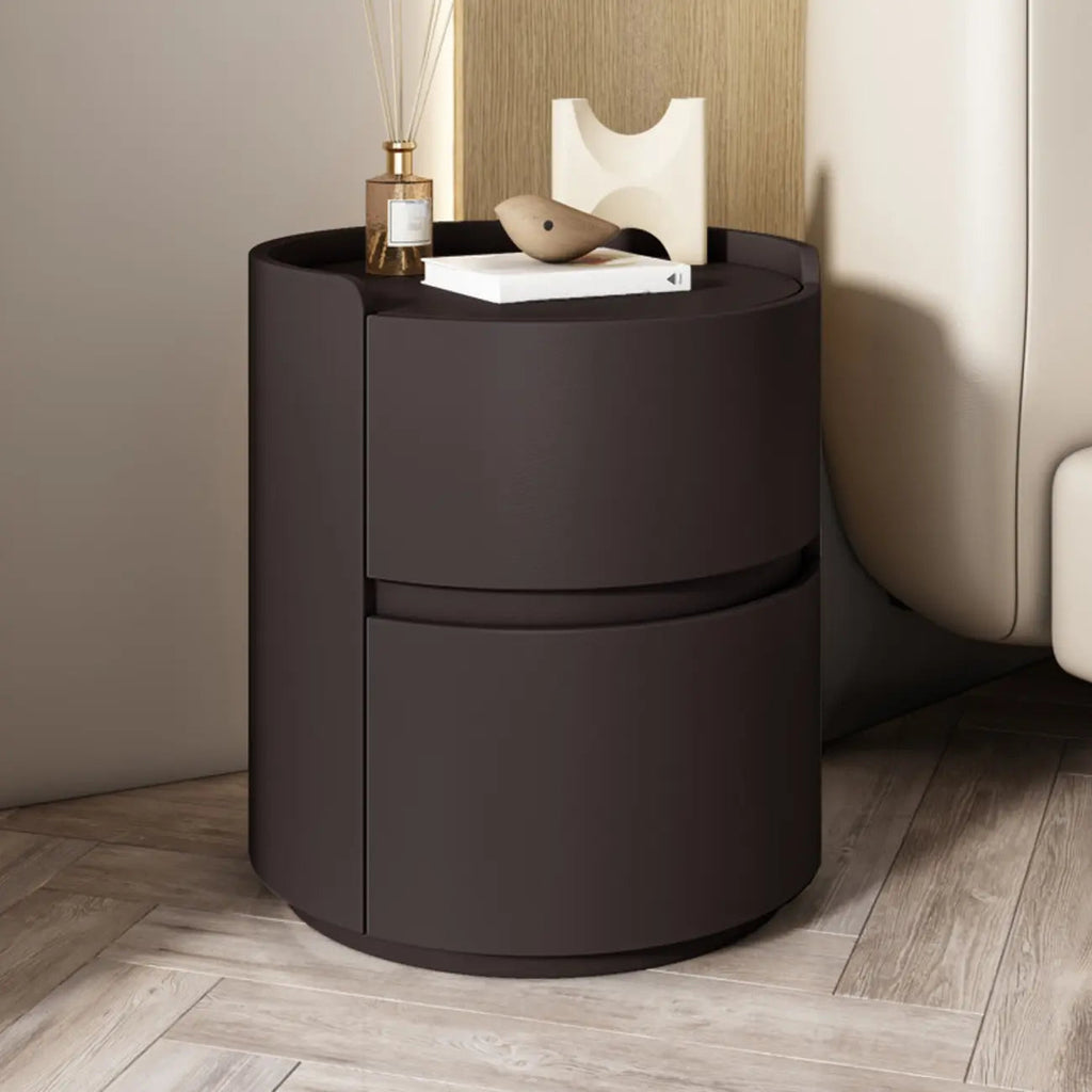 Comodino rotondo moderno con vassoio in pelle e 2 cassetti