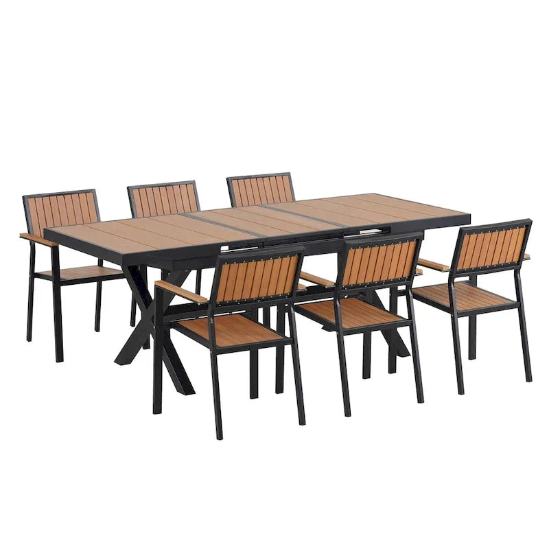7-delige uitschuifbare eethoek voor buiten met uitschuifbare tafel en 6 stoelen met armleuningen