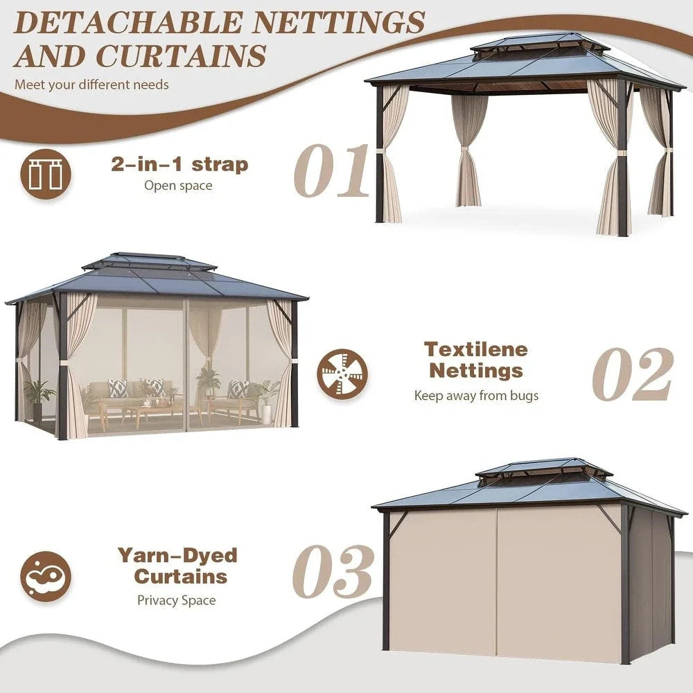 EROMMY hardtop-paviljoen, pergola voor buiten met dubbel dak, netten en gordijnen, extra stevig zonnescherm voor terras, achtertuin en zwembadfeest
