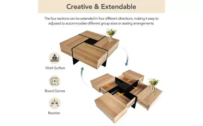 Table basse extensible avec plateau-puzzle et 4 compartiments de rangement cachés