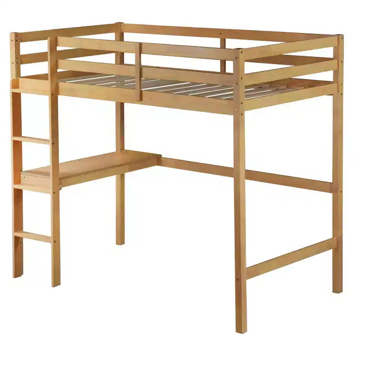 Lit mezzanine minimaliste Okak avec échelle, lit mezzanine pour lit simple en bois d’hévéa avec garde-corps de sécurité et bureau intégré, cadre de lit pour enfants et adolescents