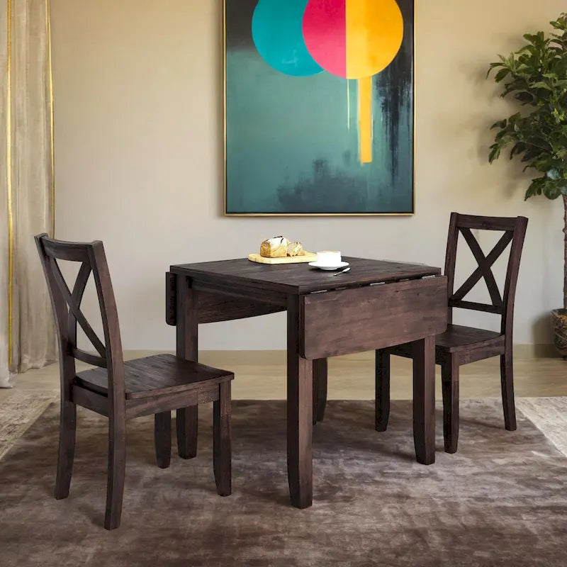 Ensemble de table de petit-déjeuner en bois à abattants, 3 pièces, avec 2 chaises à dossier en X, pour petits espaces