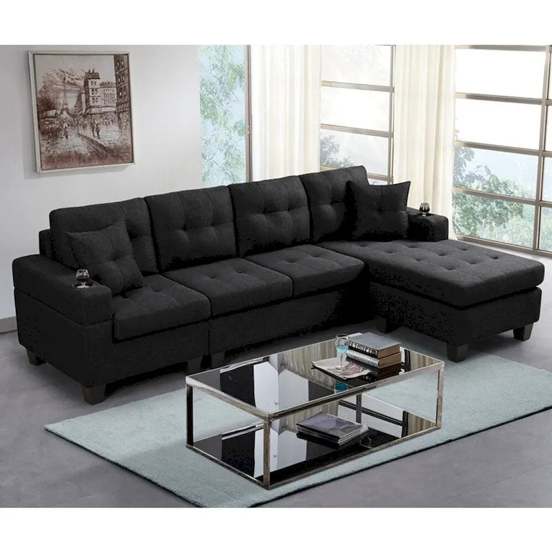 Wohnzimmer-Ecksofa mit L-förmiger Chaiselongue und Becherhalter