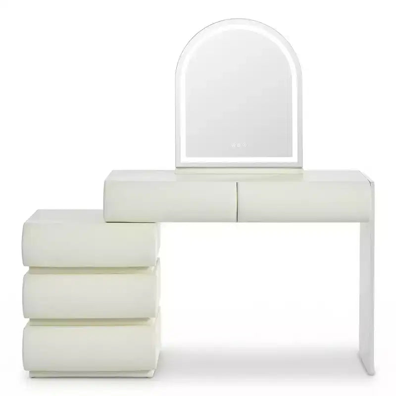 Luxe make-uptafel Whisen met spiegel, verplaatsbaar zijmeubel, 6 opberglades en kruk