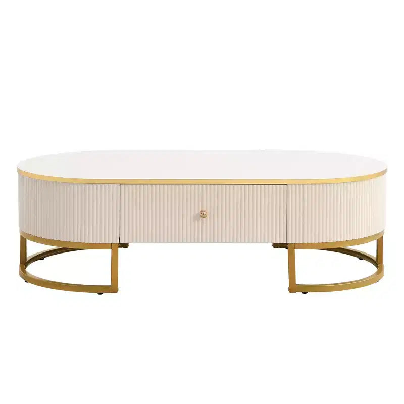 Table basse moderne 47W avec tiroirs, profil incurvé, pieds en métal doré, ovale, blanc et or - ModernLuxe