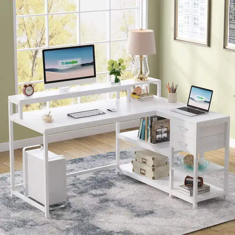 Schreibtisch in L-Form mit Schublade, Eckschreibtisch fürs Homeoffice mit Ablagefächern und Monitorständer, rustikaler PC-Schreibtisch für kleine Räume