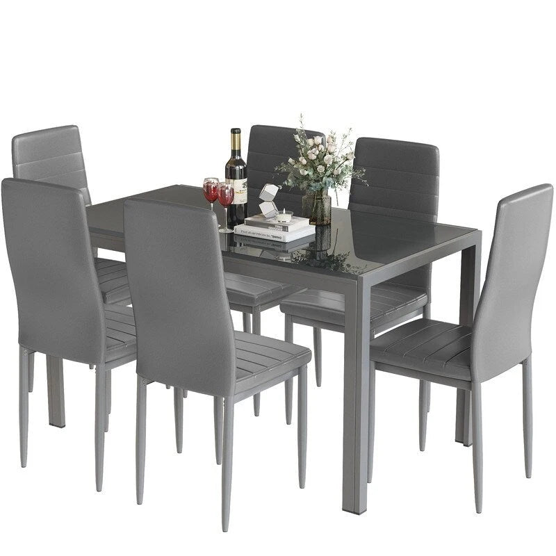 Grondin moderne 7-delige eettafelset met tafelblad van gehard glas en 6 met PU-leer beklede stoelen