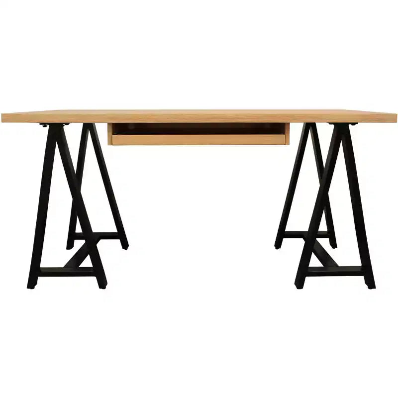 Bureau de direction HomeRoots 60 en bois massif et métal, naturel et noir, avec piètement en tréteau