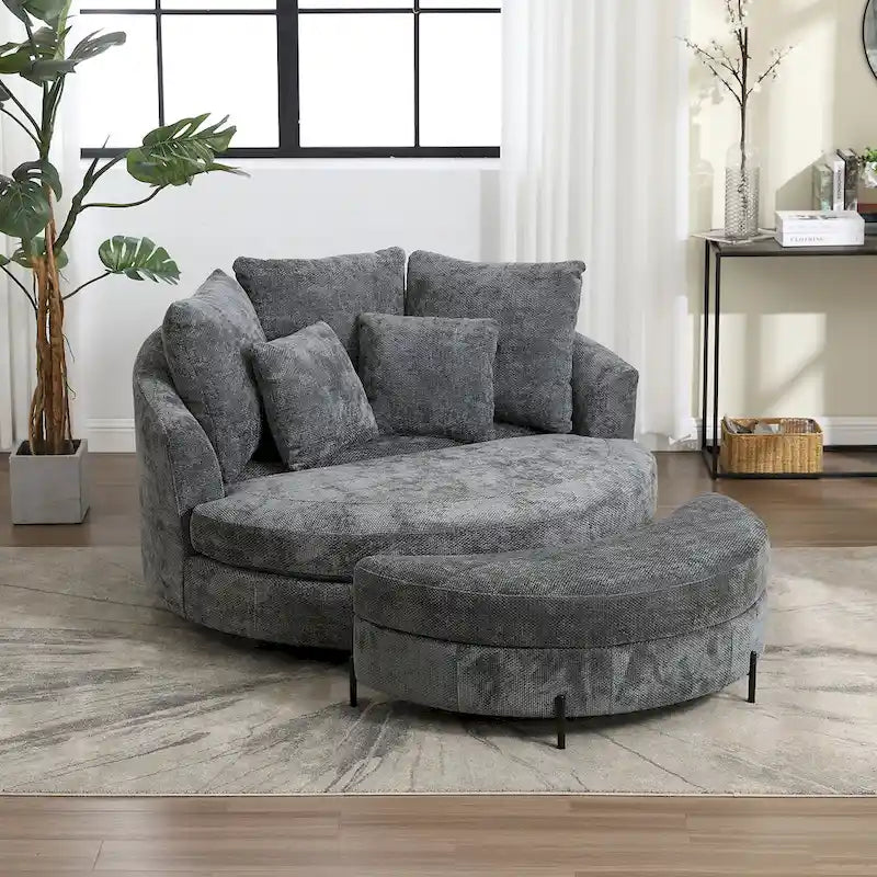 Fauteuil canapé moderne rond de style tonneau avec 5 coussins et pouf en option
