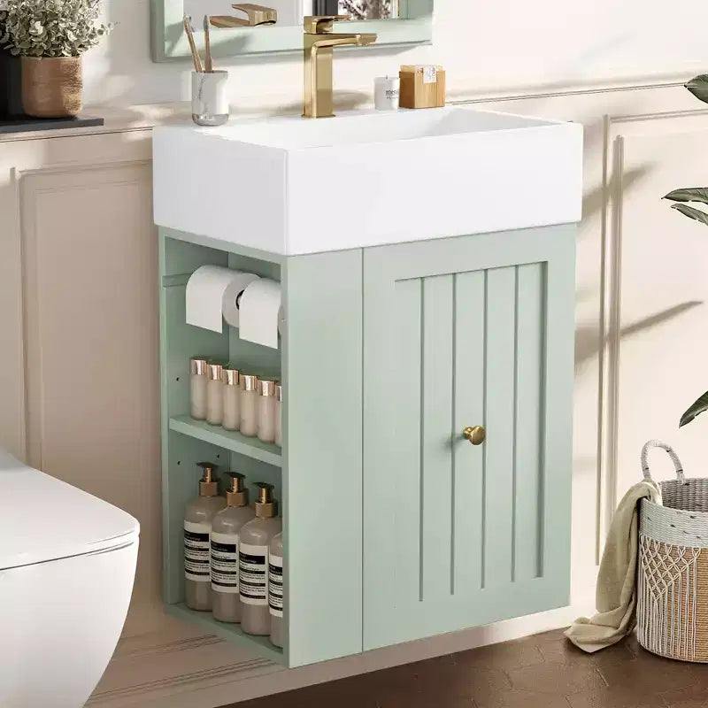 Badezimmer-Waschtisch mit Keramikbecken, MDF-Schublade, Seitenablage und goldenem Griff