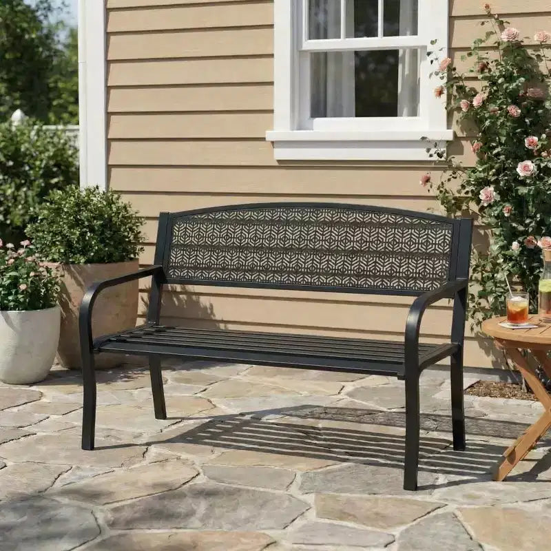 Banc d’extérieur en métal pour 2 personnes, mobilier de jardin en acier avec dossier géométrique pour patio, jardin et véranda