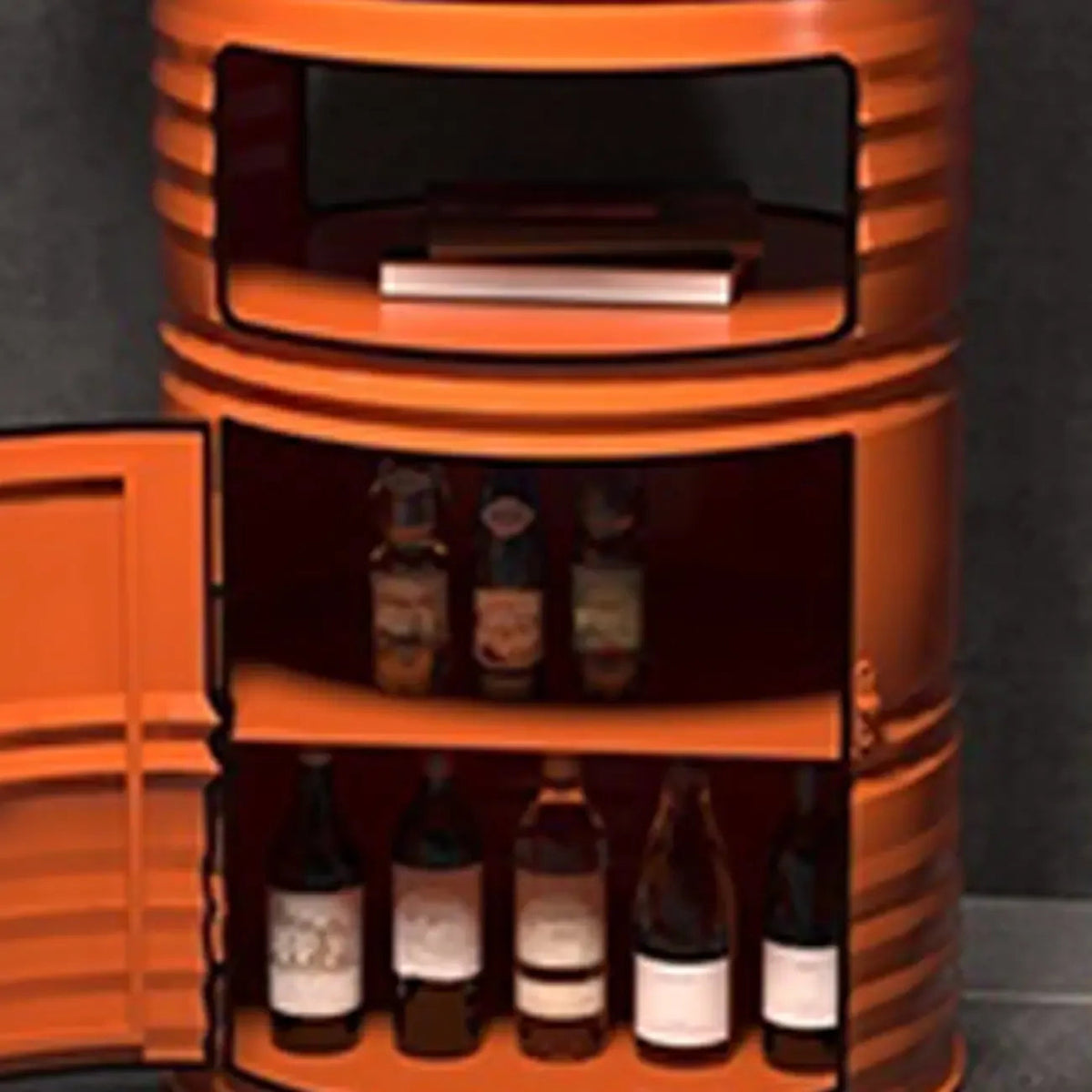 Industrielle schwarze und orangefarbene Metallfass-Tische mit Stauraum
