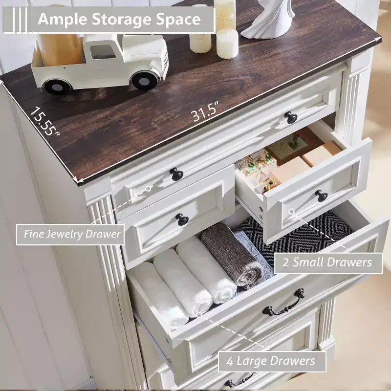 Cassettiera Mastgoal 57 in stile rustico con 7 cassetti, mobile contenitore in legno con colonna romana per camera da letto