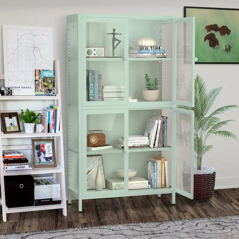 Sideboard aus kaltgewalztem Stahl mit vier Glastüren, verstellbaren Einlegeböden und Füßen