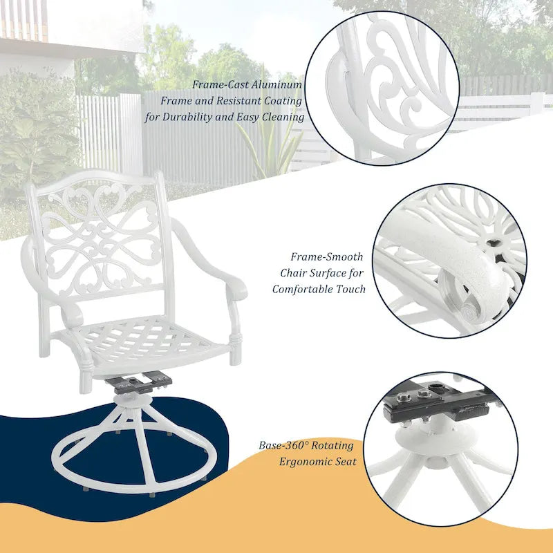 Ensemble de salle à manger de patio en aluminium moulé, 5 pièces, avec 4 chaises pivotantes