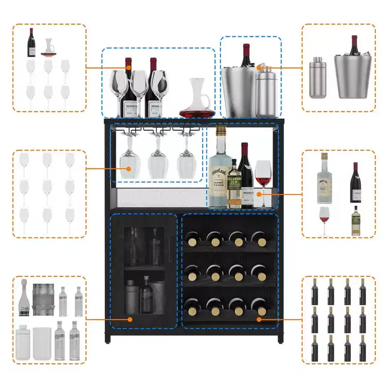 Grijze industriële wijnkast met 3 niveaus (12+ flessen) 36H x 24W x 15D, afneembaar rek, 9 glashouders en verstelbare planken voor thuis of de bar
