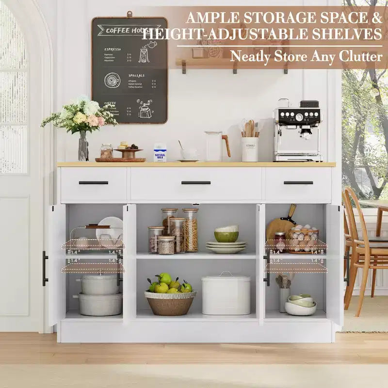 Credenza Celebalcony con contenitore, grande mobile da cucina da 53.4 con 3 cassetti e 4 ante, ripiano regolabile per cucina e soggiorno