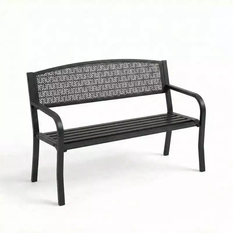 Banc d’extérieur en métal pour 2 personnes, mobilier de jardin en acier avec dossier géométrique pour patio, jardin et véranda