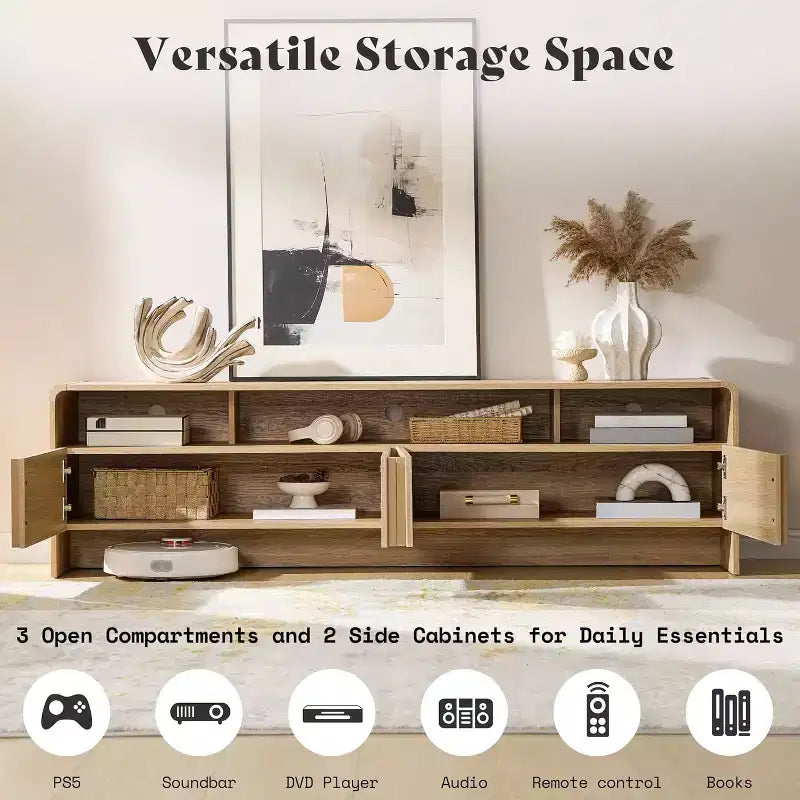 AMERLIFE Meuble TV moderne de 70 au design cannelé avec placards de rangement, pour téléviseurs jusqu'à 80, meuble de divertissement en bois, console multimédia pour le salon
