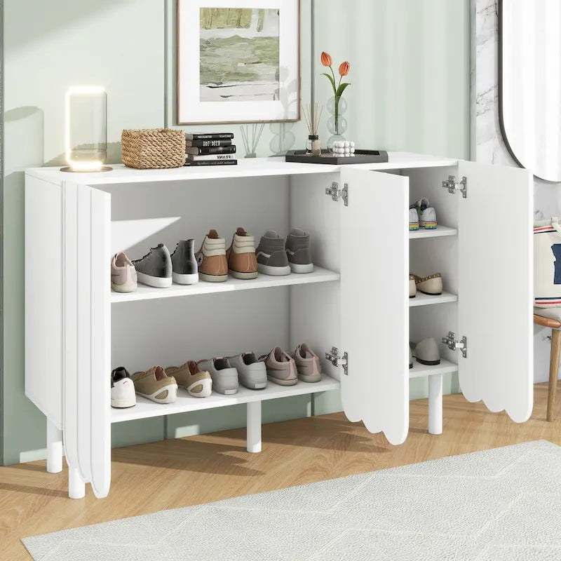 Minimalistischer Schuhschrank im Cremestil mit 5 Beinen aus Massivholz, Sideboard mit verstellbaren Ablagen