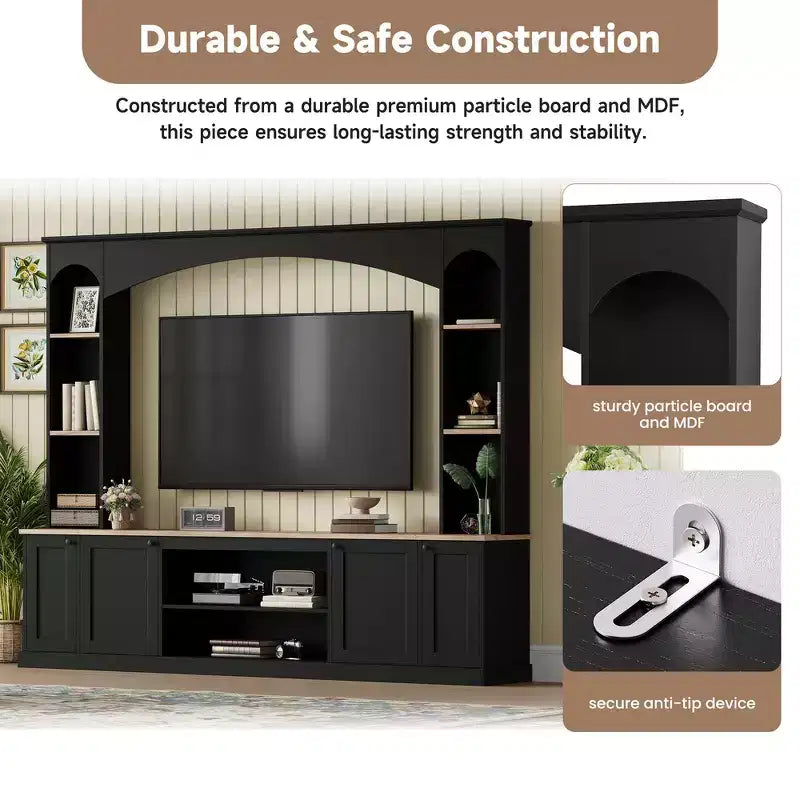 Whisen 91 Medienkonsole, geschwungene Entertainment-Center-Wandeinheit, TV-Schrank im Landhausstil mit Bücherregal in Holzoptik für Fernseher bis zu 70