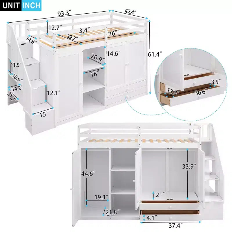93.3 Functional Loft Bed with Wardrobes, Shelves, Drawers and Storage Ladder