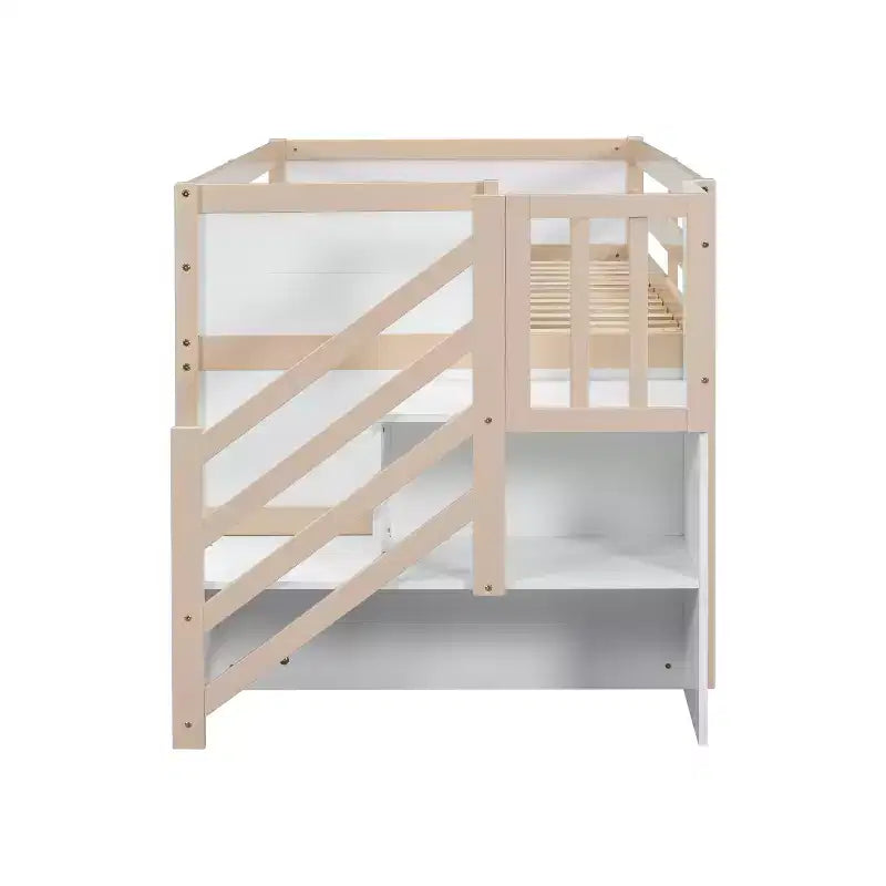 94.6L x 42.3W niedriges Hochbett aus Massivholz in Einzelgröße mit Treppe, Schublade und Regal, modernes und schlichtes Design
