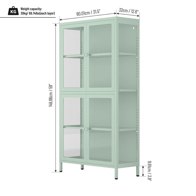 Sideboard aus kaltgewalztem Stahl mit vier Glastüren, verstellbaren Einlegeböden und Füßen