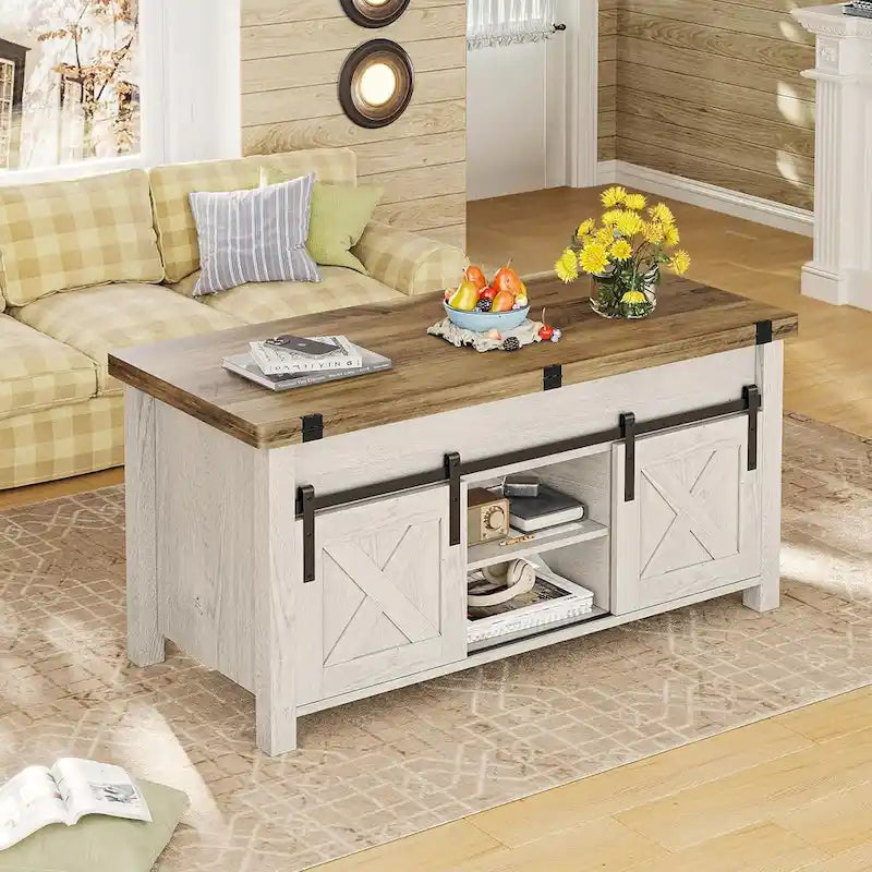 Table basse relevable avec 2 portes coulissantes de style grange, rangement et table à manger