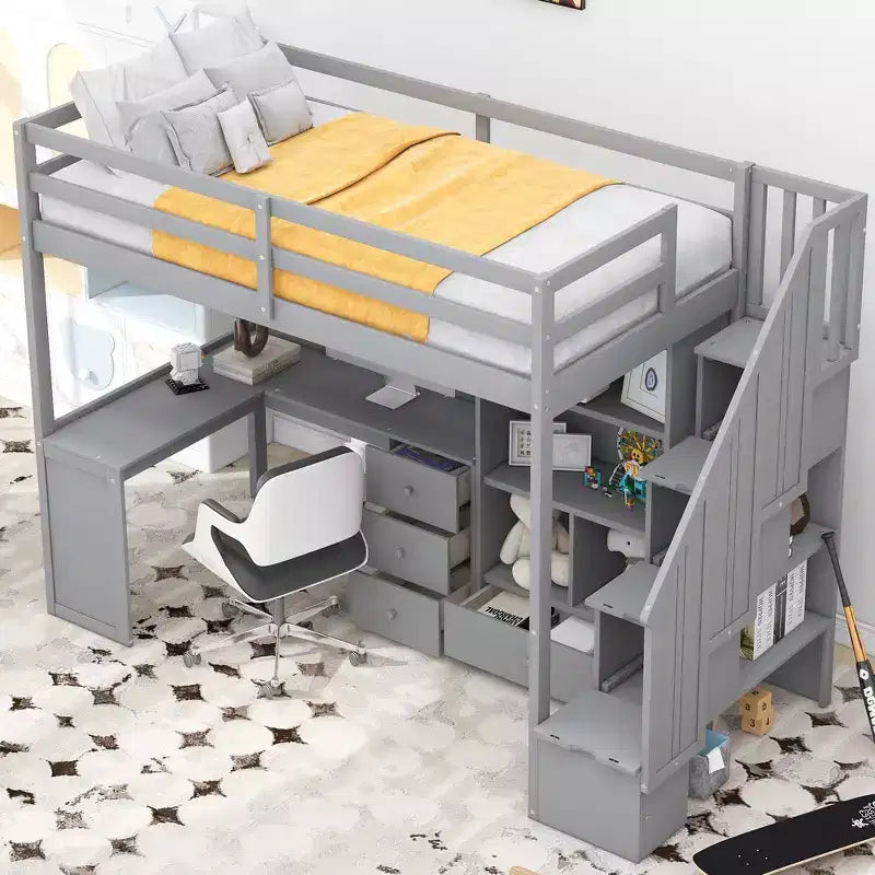 Lit mezzanine simple avec bureau en L, 3 tiroirs, armoire, rangement sous l’escalier, structure en pin massif/MDF