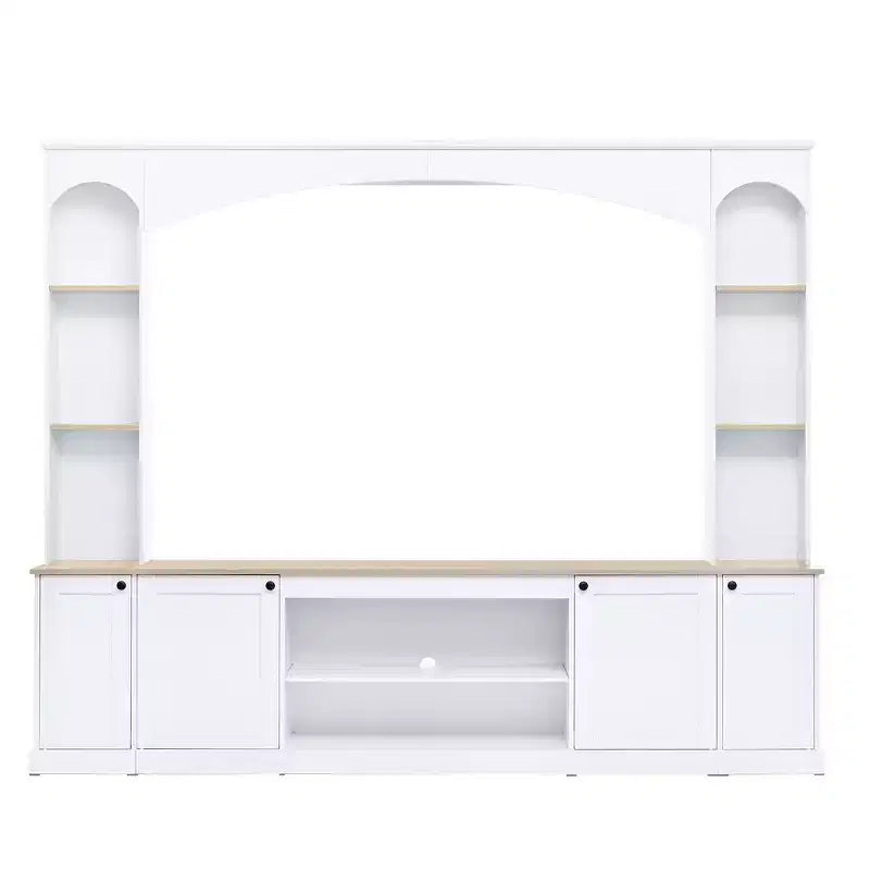 Whisen 91 Medienkonsole, geschwungene Entertainment-Center-Wandeinheit, TV-Schrank im Landhausstil mit Bücherregal in Holzoptik für Fernseher bis zu 70