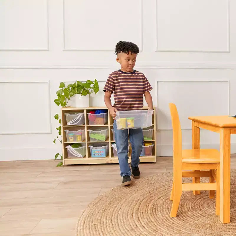 Mobiele opbergkast met vakken en 15 bakken met uitsparing aan de voorkant, 3x4, kindermeubilair