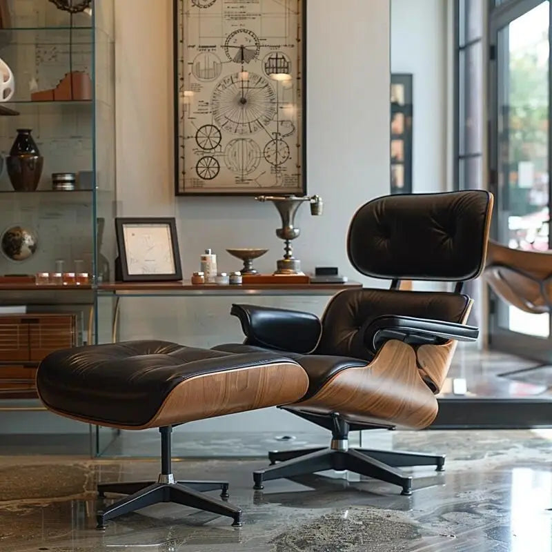 Poltrona lounge d’accento Furgle in vera pelle con pouf e legno di noce
