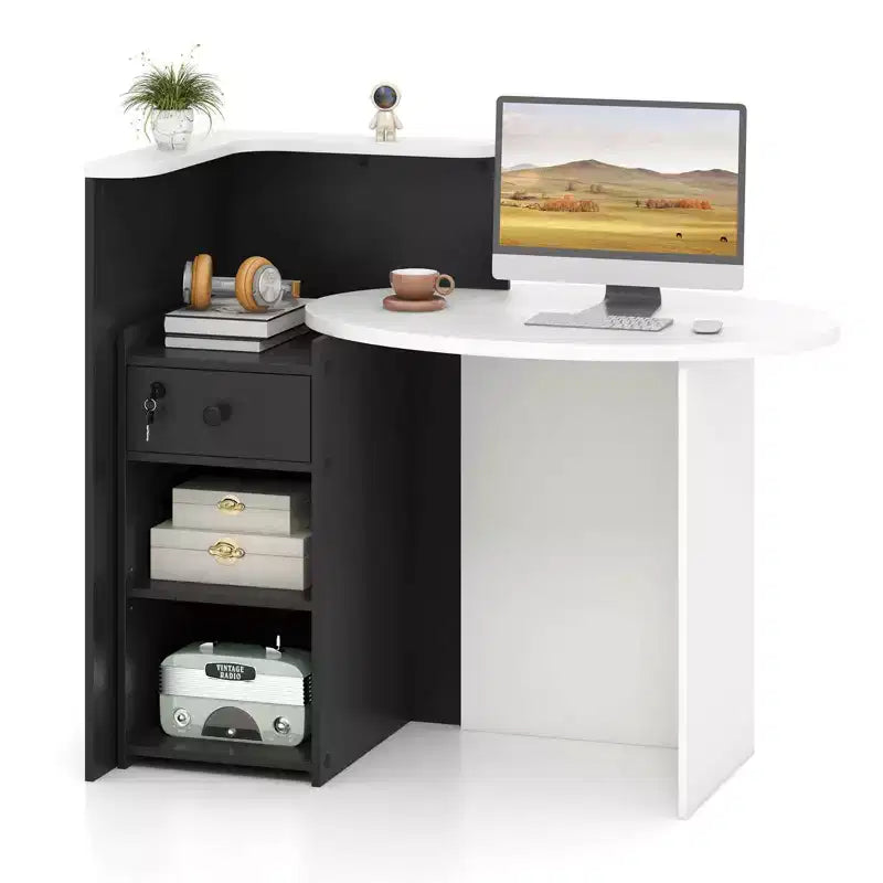 Costway Empfangstresen, Kassentisch und Bürotisch mit offenem Fach und abschließbarer Schublade, Weiß/Braun/Schwarz