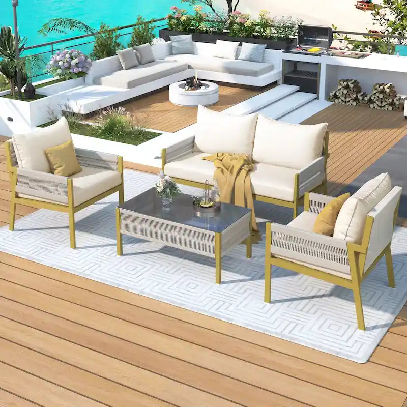 4-teiliges Gartenmöbelset, Sitzgruppe für den Garten mit Tisch aus gehärtetem Glas, tiefer Sitzfläche und dicken Polstern