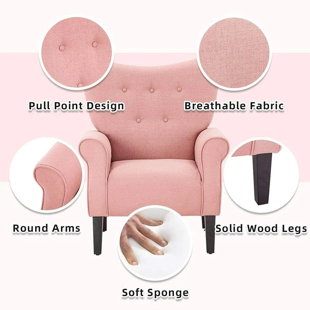 Erommy moderne fauteuil, fauteuil met hoge rugleuning, gestoffeerde eenzitsbank met knopen en houten poten voor de woonkamer